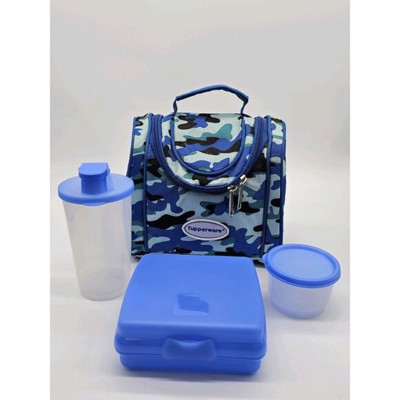 Tupperware Lunch Box Blue Camouflage Lunchbox Cup Container Sandwich Keeper 4 Pc - Picture 15 of 15
